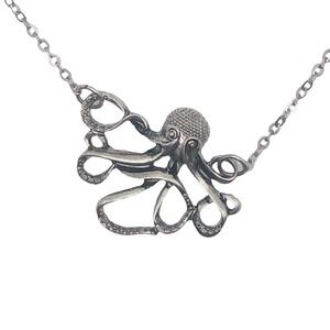 Octopus Necklace Pendant and Chain, Gunmetal Silver Tone Nautical Kraken Pirate